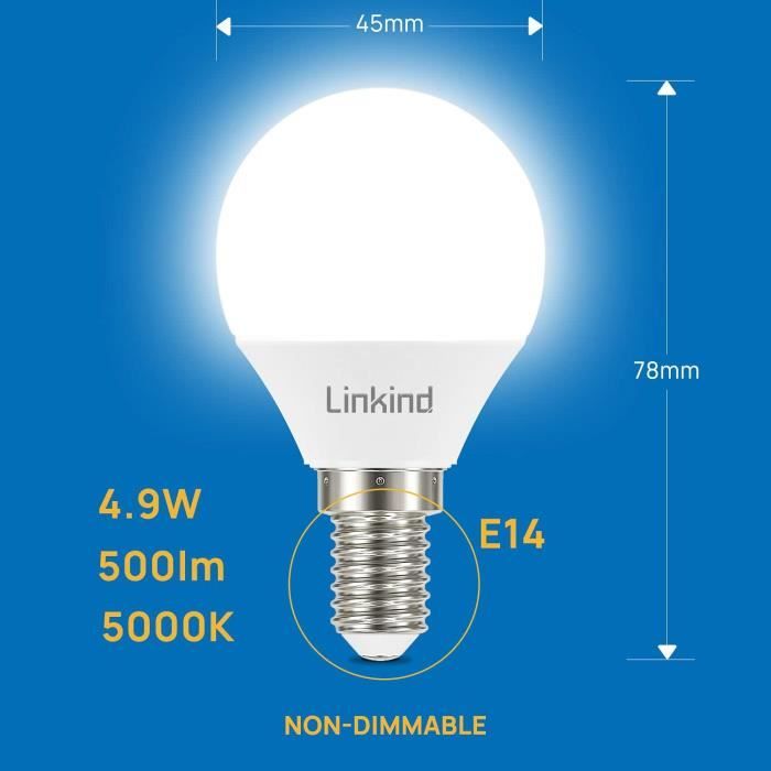 Linkind Ampoule E14 LED, 4.9W Équivalent 40W, Blanc Froid 5000K, 500lm ...