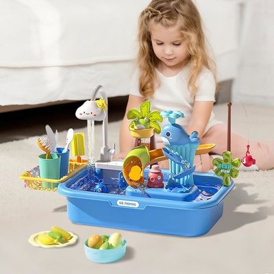 Évier de Jeu électrique Amovible pour Enfants, Table à Eau avec Eau Courante, Robinet Rotatif à 180 °, Jouet éducatif - Petits, Bleu - Jeux - Jouets