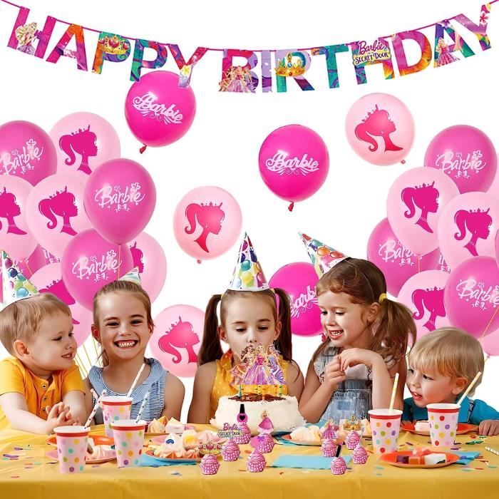 Barbie Décorations de fête d'anniversaire Pink Theme Party fournitures  comprennent Joyeux anniversaire bannière gâteau cupcake toppers ballons en  latex kit pour filles enfants