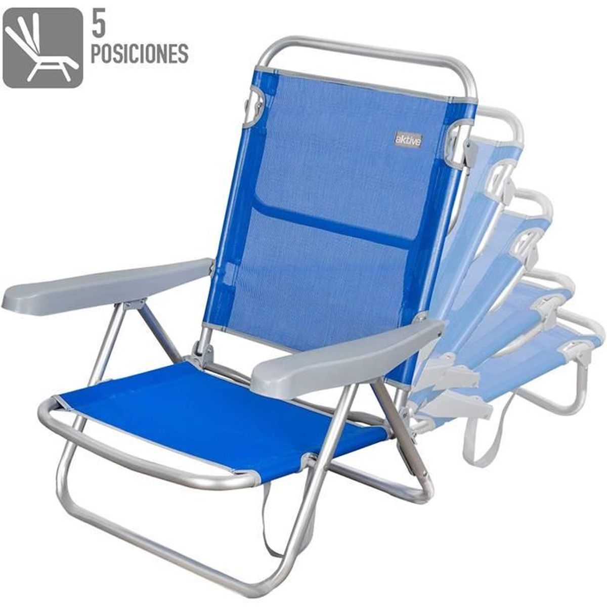 Chaise de plage basse, pliante avec 5 positions ,de couleur bleue