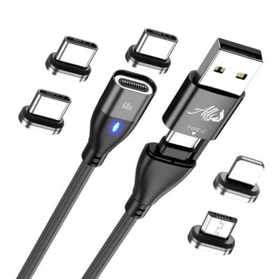 Câble De Charge Magnétique USB-C Rapide 3A Uslion 1m + Fiche USB-C Offerte - Noir
