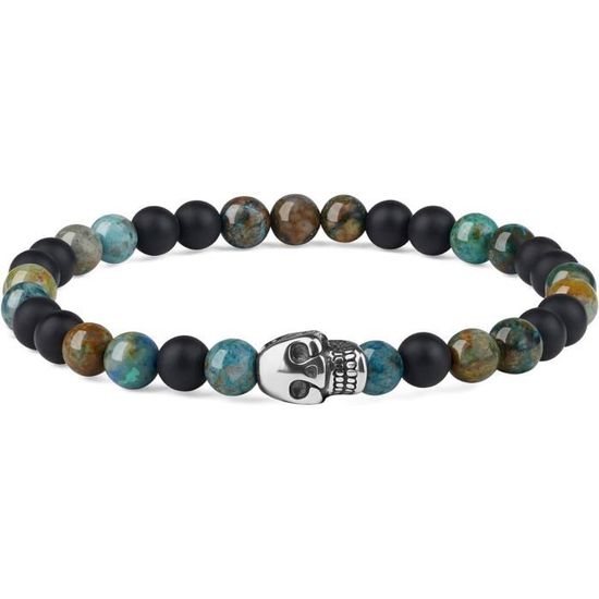 Bracelet Tête De Mort En Hématite Et Onyx - Pierres Naturelles, Acier Inoxydable, Neuf Avec étiquettes