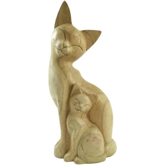 Paires Chat en bois, Assis, Sculpture à la main, Statue de