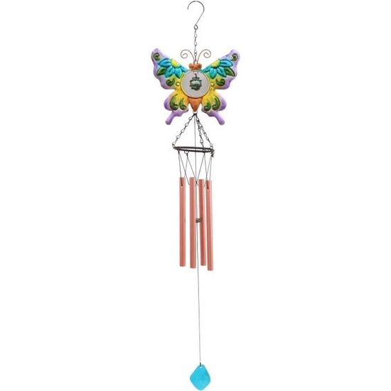 Carillon à Vent Coquillage Papillon - Longueur 70 Cm, Nacre Et Bois - Déco Jardin, Balcon, Terrasse - Cadeau Idéal