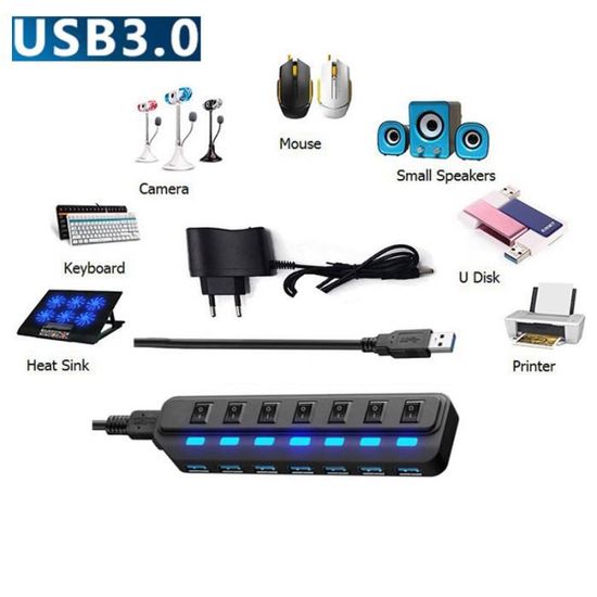 7-Port Hub USB 3.0 High Speed Ports Pour Ordinateur, Pc, Tablette