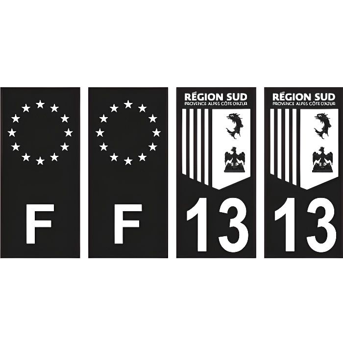 Département 13 région Sud logo noir blanc- PACA logo - F europe noir - 4 Autocollants Stickers Auto Plaque d'immatriculation -