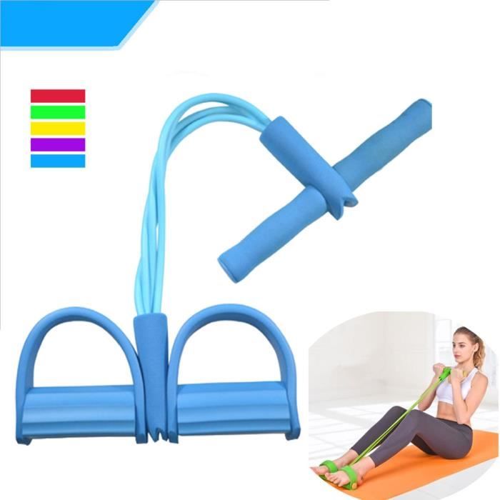 Appareil de gym 4 avec repose-pieds pour exercice - Rameur avec élastique Bleu