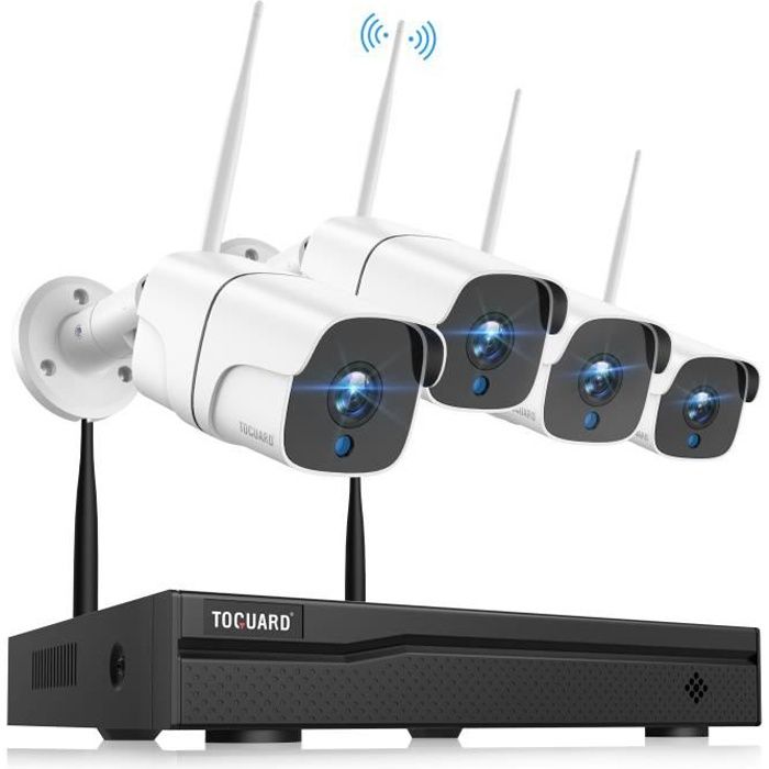 TOGUARD Caméra Surveillance 8CH WiFi 1080P NVR 4PCS Kit de Video Caméra de sécurité Extérieure sans fil,sans disque dur