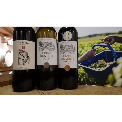 Lot de 3 bouteilles - AOC Graves - Château Jouvente rouge et blanc - millésimes 2015 et 2019 / La Source de Jouvente -Millésime 2016