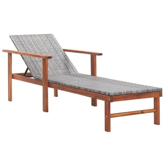 Chaise longue Sièges de jardin Bain de soleil Transat confort Résine tressée et bois d'acacia massif Gris