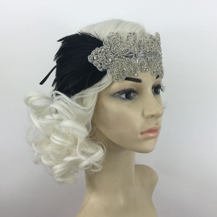Vintage Crystal Rhinestone Black Plume Headband 1920s Women Hair Deco