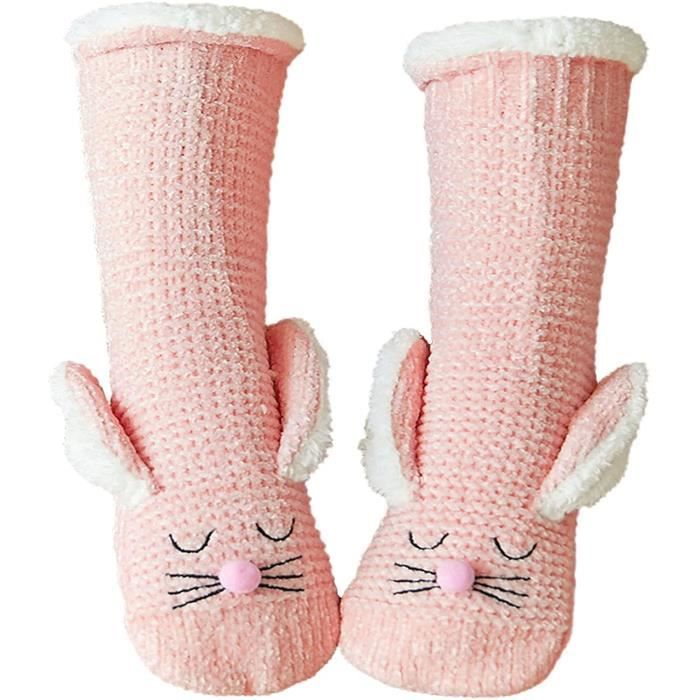 Chaussette,Femme Chaussons Chaussettes Hiver Maison Épaisse Chaussettes de Pantoufle avec semelle Antidérapantes,1 Paire,Rose