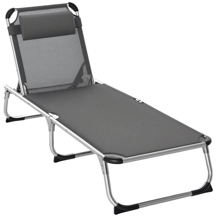 Bain de soleil transat pliable grand confort dossier réglable multi-position tétière alu. textilène gris