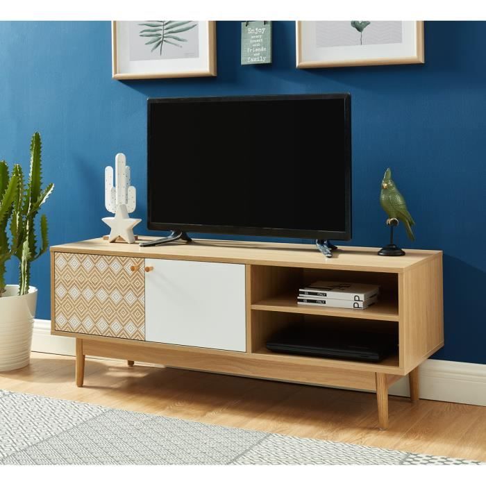 Meuble TV en bois coloris blanc et chêne - 120 x 39.5 x 45.5 cm