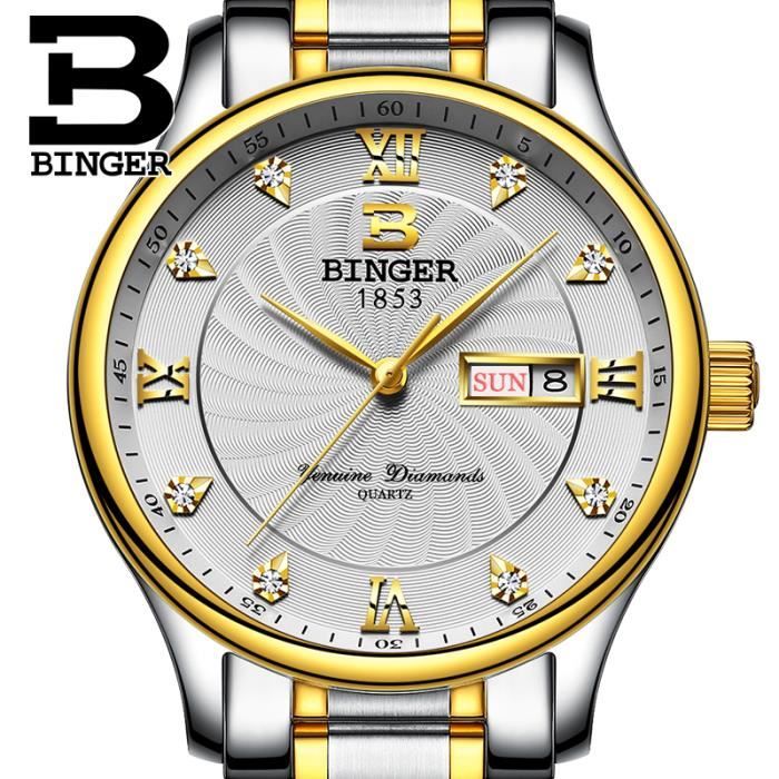 BINGER® Montre Homme marque de Luxe Sport Chronographe étanche Double Calendrier dateur Superbe étanche Acier Bracelet Montres