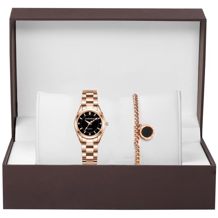 Coffret cadeau montre femme , montre à quartz élégante + bracelet de luxe, bracelet en acier inoxydable or rose - cadran noir