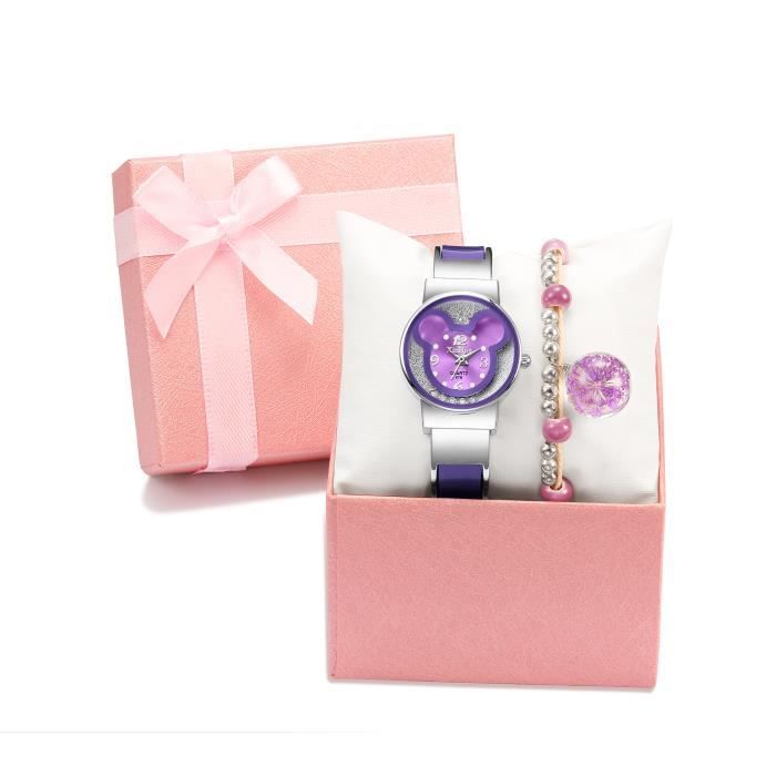 Coffret Montre Fille Enfant et Bracelet Fille - Coffret Cadeau - Mickey 2021 marque cristal quartz acier étanche Violet