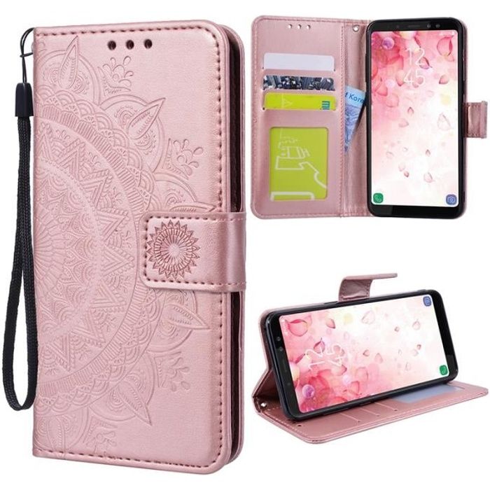 SMARTLEGEND Étui Cuir Samsung Galaxy A8 2018 Coque fleur motif anti choc anti choc Rabat Protection Rose Or