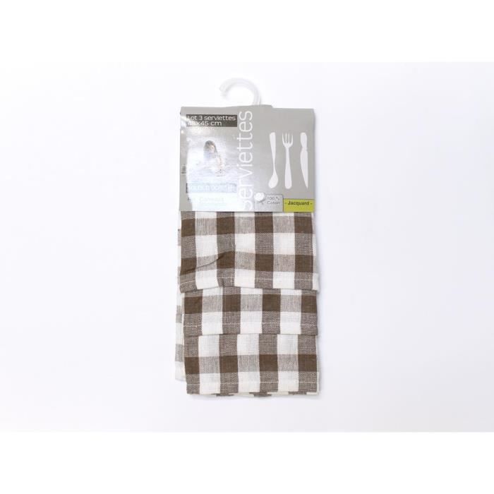 Lot de 3 serviettes en coton CARREAUX NORMANDS taupe, jacquard 45x45 cm
