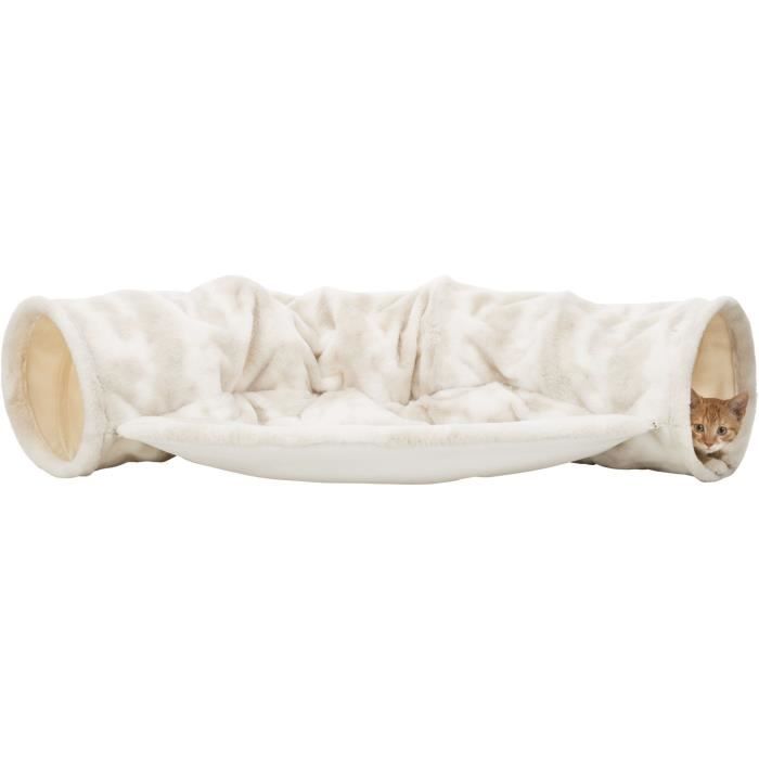 TRIXIE Tunnel de jeu Nelli avec aire de repos, en peluche - 55 x 27 x 116 cm - Blanc et taupe - Pour chat