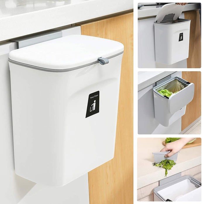 Poubelle de cuisine suspendue avec couvercle9Lcar suspendue pour portes de placard placard salle de bain29.5*13*23.7cm