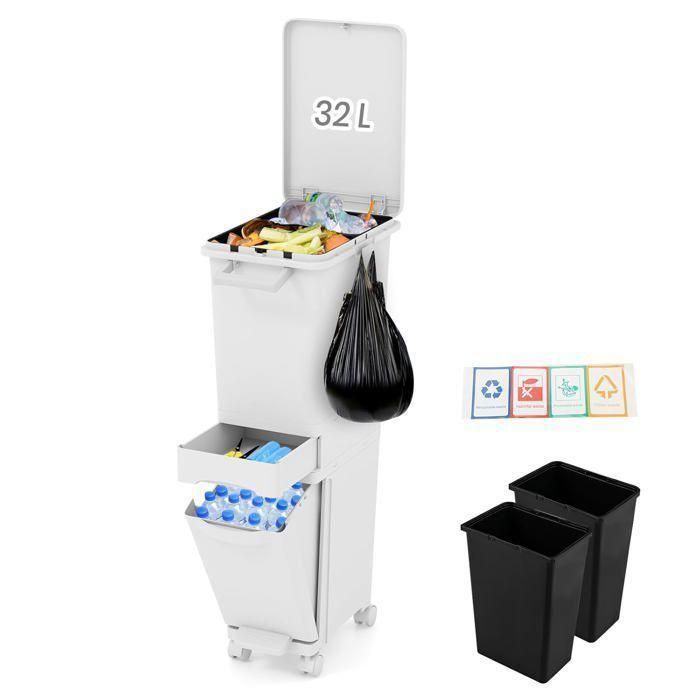 COSTWAY Poubelle de Cuisine 30 L Tri Selectif - 3 Bac -Tiroir Centrals pour Rangement les Support Sac Blanc