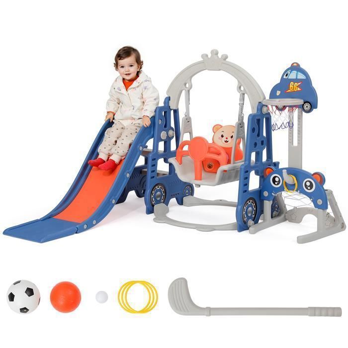 Toboggan 5 en 1 pour enfant avec balançoire panier de basket but de football un jeu de lasso hockey Bleu
