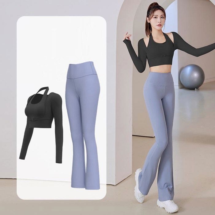Vêtement de Sport Femme 2 Pièces Ensemble de Yoga T-shirt Halter et Legging Tenue de Sport Pour Gym Fitness - Noir Bleu