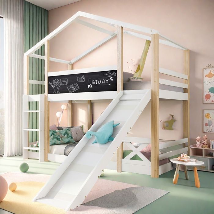 Lit Superposé Enfant Mezzanine Avec Toboggan - 90x200 Cm, Structure Métal, Noir, Sans Matelas - 4