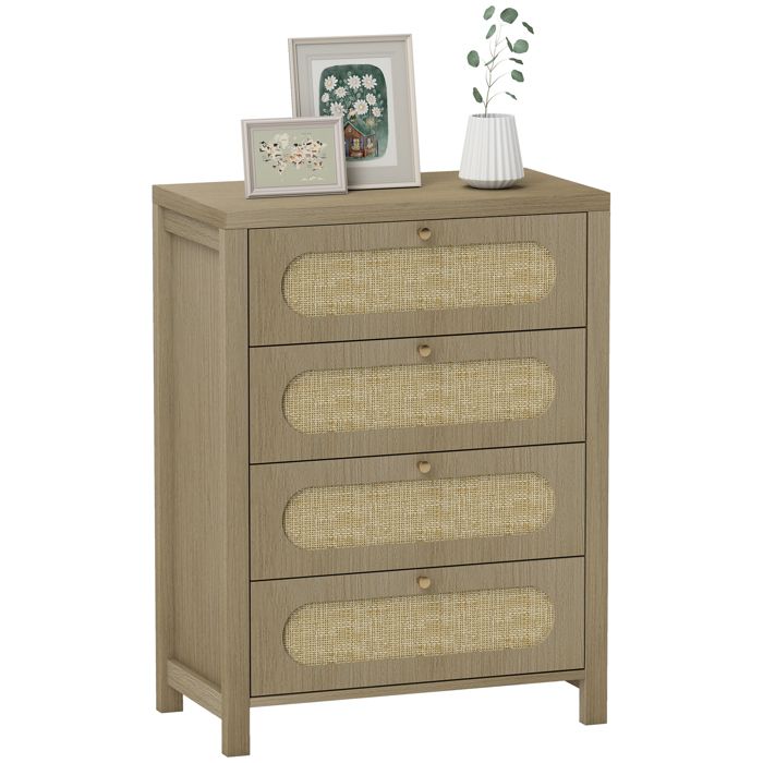 Commode - HOMCOM - 4 tiroirs - style bohémienne - avec portes résine tressée poignées dorés - 70 x 38 x 93 cm - effet bois naturel