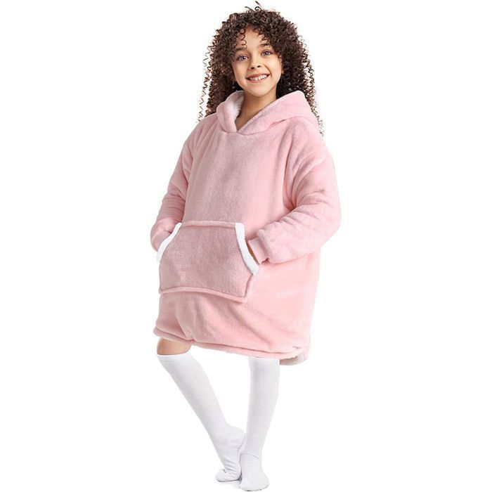 Plaid à Capuche Enfant Plaid Pull Couverture Canapé Polaire avec Manche Garçons Filles avec Poches Portables TV Hiver 70cm Rose YYV