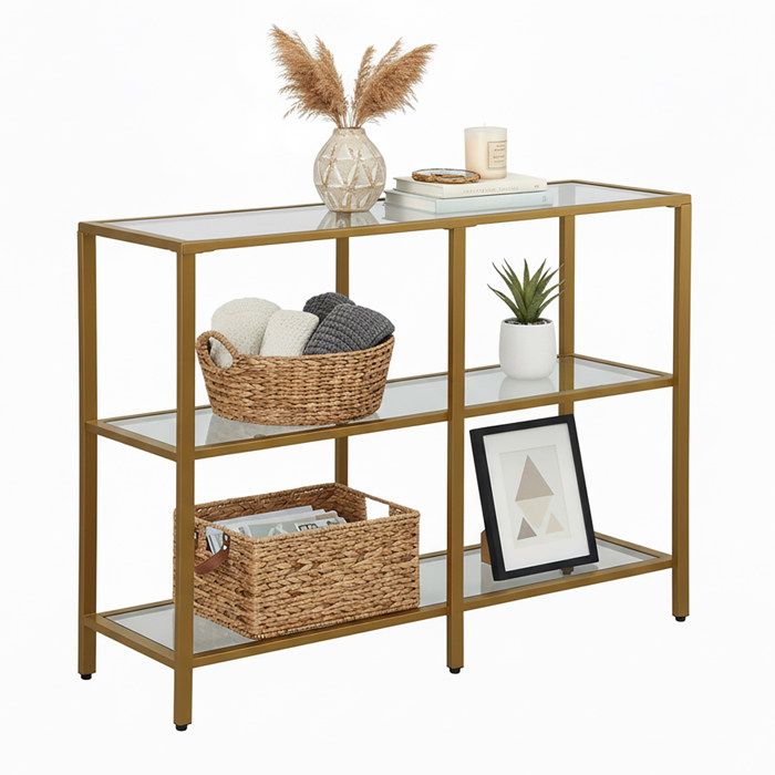 Console Relaxdays H x L x P : 73 x 100 x 30 cm métal/verre étroite pour l’entrée 3 étagères dorée