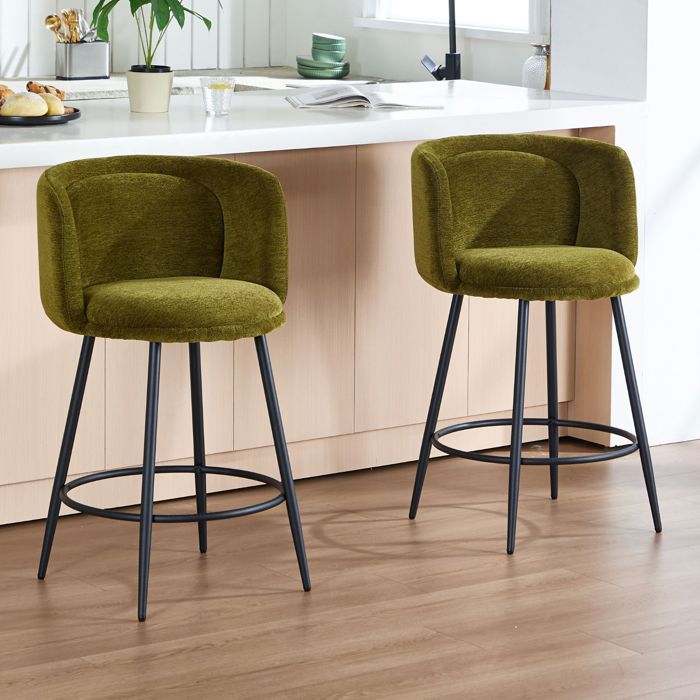 DAYALANE Lot de 2 Tabouret de Bar en Chenille Chaise de Bar Design Haute avec Repose-Pieds Chaise de Comptoir et Cuisine Vert