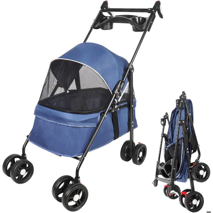 Meilleurs prix pour Poussette de chat et chien -4 roues Poussette pour chien pliable avec fenêtres Porte-gobelet pour chien de taille petite-moyenne