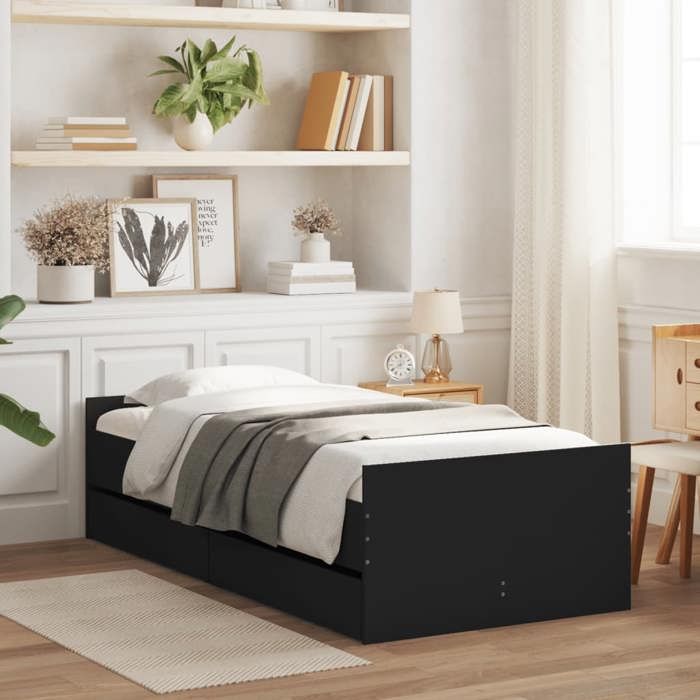 CHIC Lit adulte 1 place - 90x190 cm Structure/Cadre de lit et tiroirs noir 90x190 cm #Sara37374