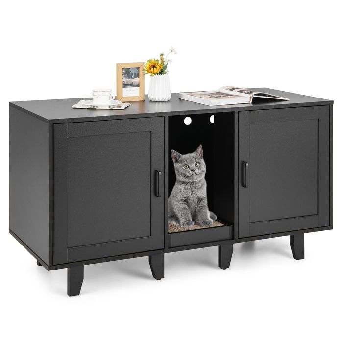 Meuble à Litière pour Chat COSTWAY Toilettes Cachées pour Chat 2 Portes Entrée Sinueuse Planche à Gratter Pieds en Bois Amovibles Meuble à Litière pour Chat COSTWAY Toilettes Cachées pour Chat 2 Portes Entrée Sinueuse Planche à Gratter Pieds en Bois Amovibles