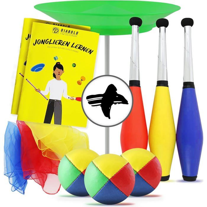 Kit Diabolo Débutant – Jonglage Enfant Adulte – Massues, Foulards, Assiette, Balles – Sac & Guide Inclus