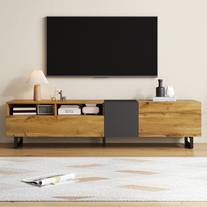Meuble TV colorblock design contrasté 3 portes 2 compartiments pieds métalliques en forme de U