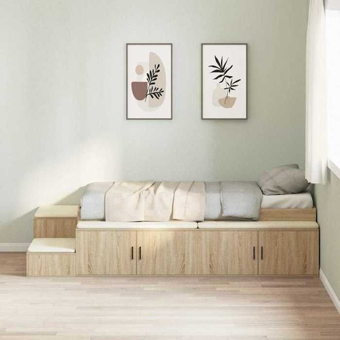Lit avec rangement - UU - Chêne Sonoma - 234x103x535 cm - Lit compact 75x190 cm - Cadre à lattes - Rangement intégré