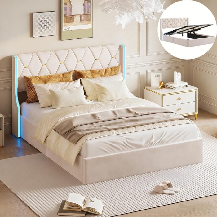 Lit Coffre 140x190 Beige Avec LED Et 2 Tiroirs - Lit Rembourré Double Sommier Hydraulique Velours
