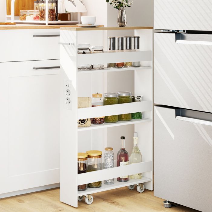 GIANTEX Desserte de Cuisine Étroit à Roulettes- 475x13x805cm- Station de Charge- Chariot de Service à 4 Niveaux- Blanc + Naturel