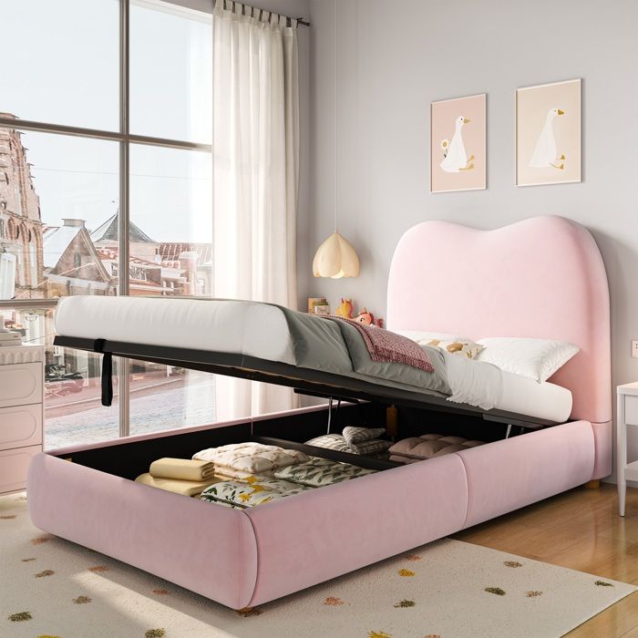 Lit coffre 90x200cm lit rembourré avec sommier à lattes lit enfant lit simple avec tête de lit et espace de rangement boucle Rose