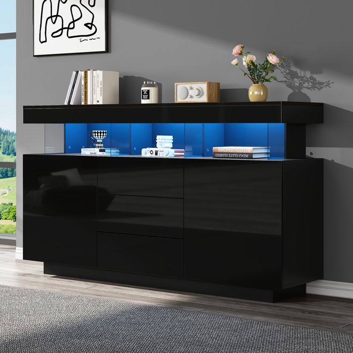 Buffet moderne - armoire de salon - haute brillance - bar à café - acrylique avec bande lumineuse LED adapté à la à manger-(noir)