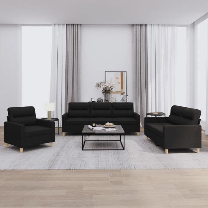 Ensemble de canapés avec coussins - vidaXL - 3 pièces - Noir - Tissu polyester - Dimensions fauteuil: 78x77x80 cm