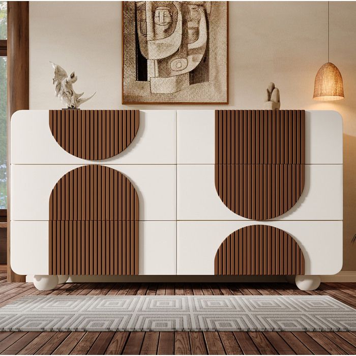 Commode blanche à 6 tiroirs au design galbé avec détails bois
