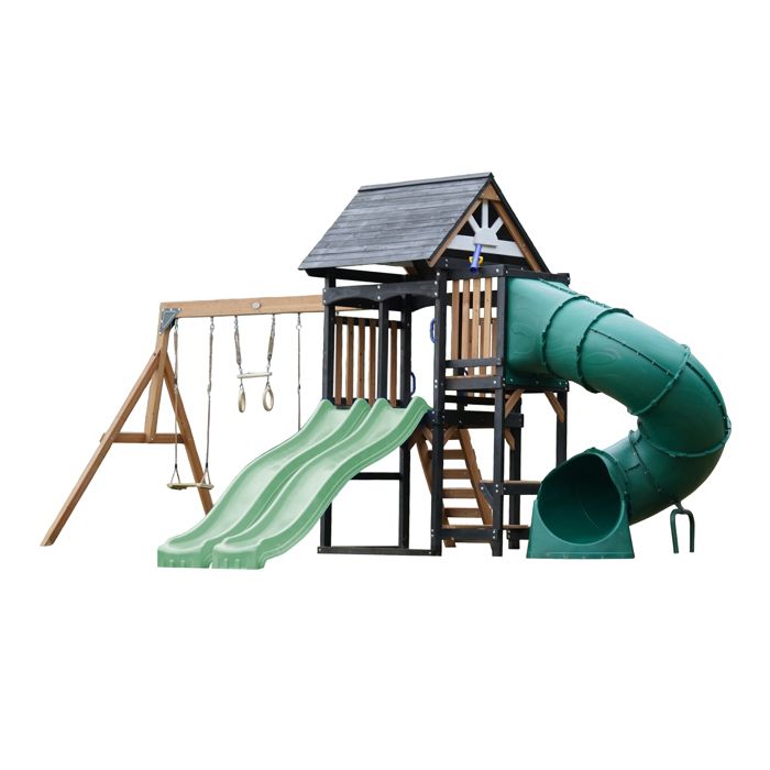 AXI Cody Aire de Jeux en Bois 2 Balançoires Toboggan Tubulaire et Double Toboggan Vert Pastel Maisonnette XXL pour Enfants avec