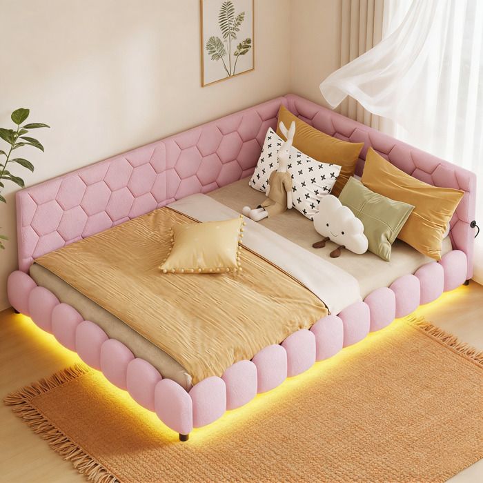 Lit gigogne 140x200 avec LED - USB/Type-C - Tissu laine d’agneau - Canapé-lit 2 places - Scandinave Moderne - Adulte/Enfant- Rose