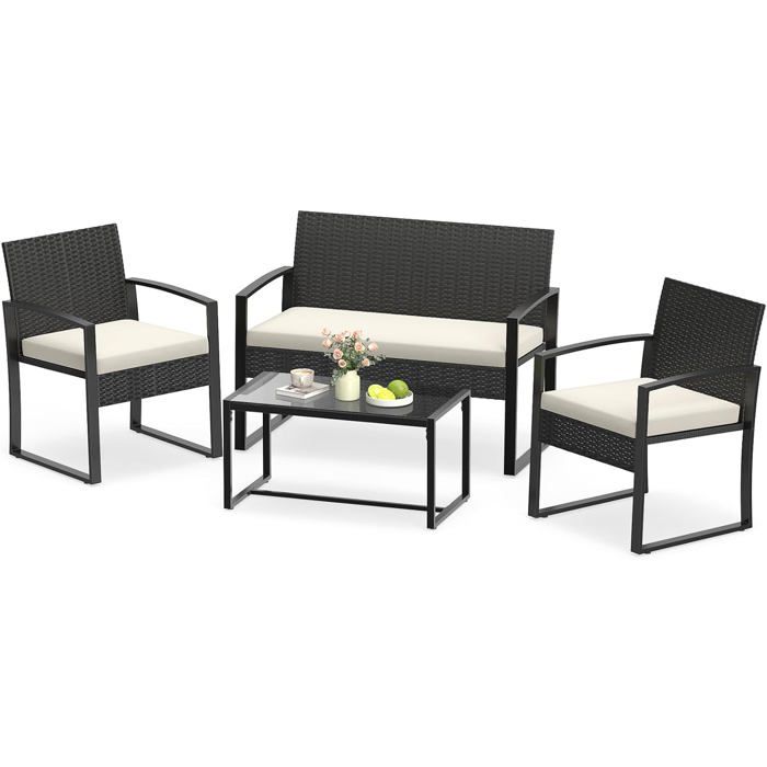 Ensemble 4PCS Table et Chaises de Jardin COSTWAY 2 Fauteuils et 1 Canape en Rotin PE Noir Plateau en Verre Trempé Coussin Beige