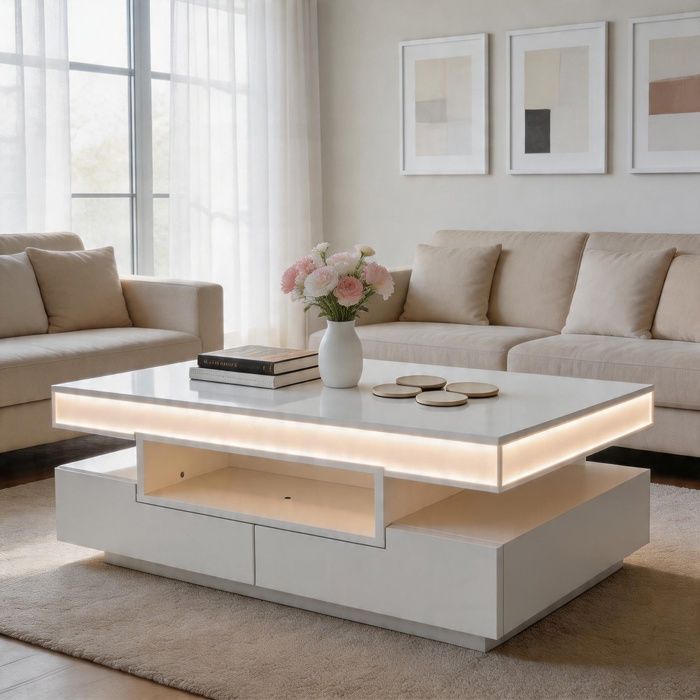 Table basse - 80x50x36 cm - Brillant - Bande LED réglable - 3 compartiments + 4 tiroirs