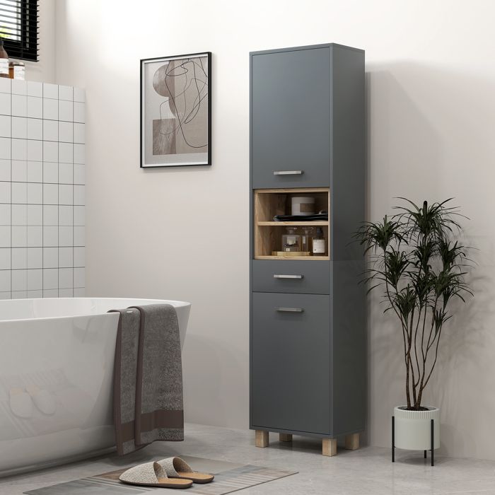 MOTHINESSTO3247-Colonne salle de bain meuble salle de bain rangement avec 2 placards tiroir et 2 compartiments ouverts gris